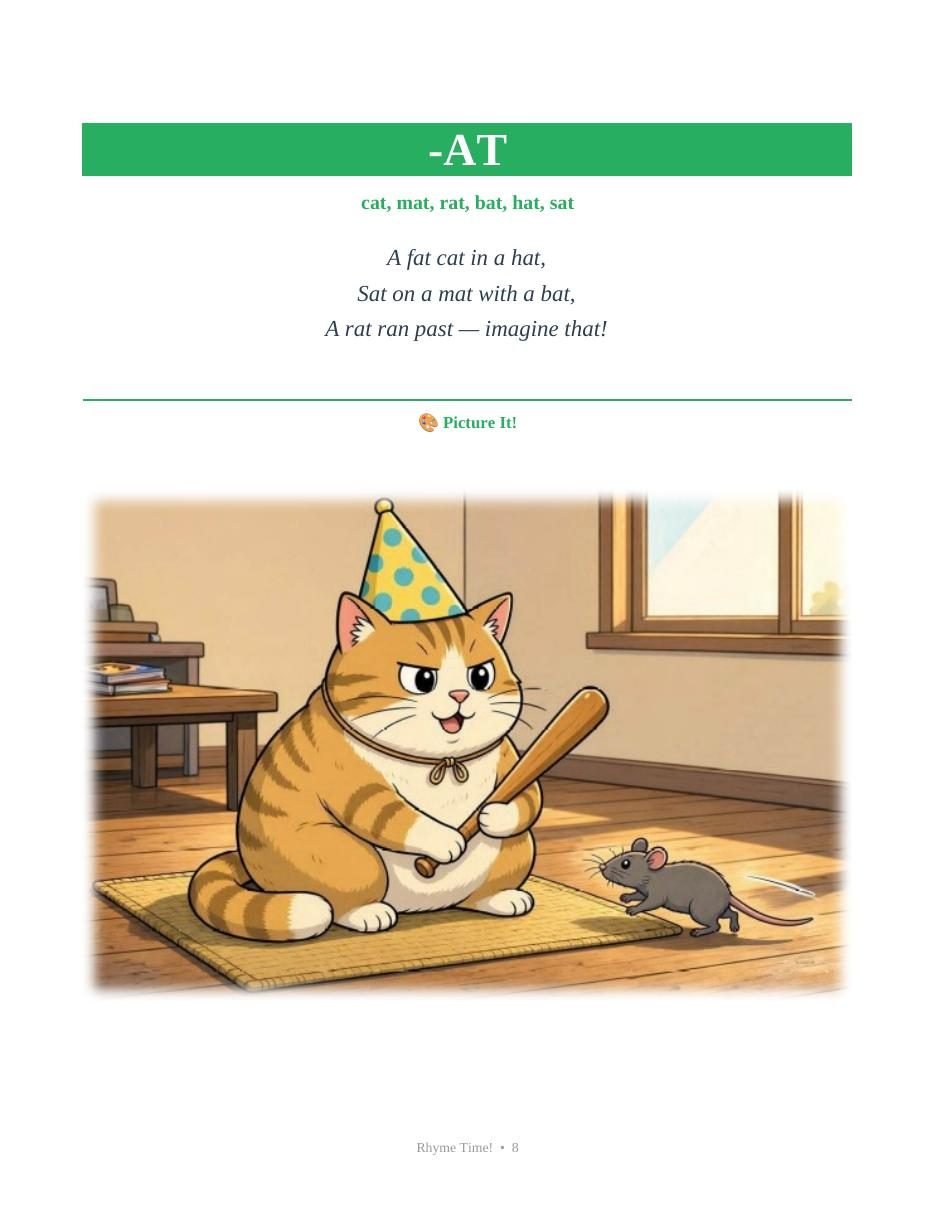 Rhyme page: a fat cat in a hat, with a picture